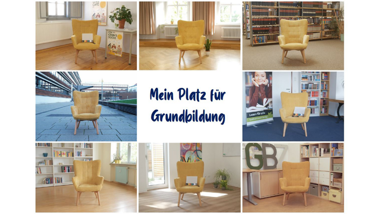 Collage leerer Sessel als symbolischer "Platz für grundbildung"
